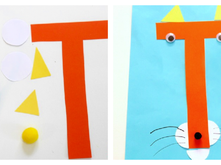 Craft project: On the left, materials include orange, white, and yellow paper shapes, googly eyes, and pipe cleaners. On the right, a finished cat face with an orange T shape as the nose, yellow ears, googly eyes, and whiskers.