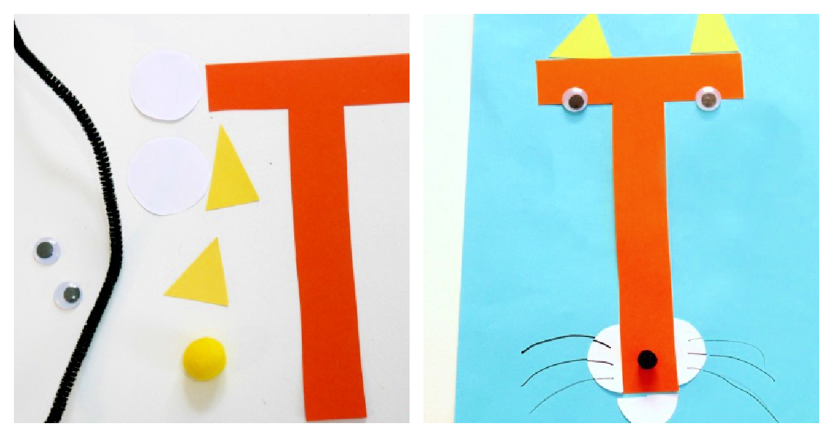 Craft project: On the left, materials include orange, white, and yellow paper shapes, googly eyes, and pipe cleaners. On the right, a finished cat face with an orange T shape as the nose, yellow ears, googly eyes, and whiskers.