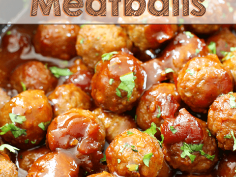 A bowl filled with glistening chipotle BBQ meatballs, garnished with chopped cilantro. Above the bowl, text reads Slow Cooker Chipotle BBQ Meatballs.