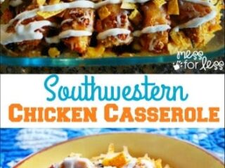 A glass dish filled with Southwestern chicken casserole topped with drizzled white sauce and crushed tortilla chips. Below, a serving on a yellow plate showcasing layers of chicken, corn, and other ingredients. Text reads Southwestern Chicken Casserole.
