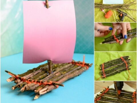A miniature raft made of twigs with a pink paper sail is assembled. The collage shows steps: tying twigs, adding a mast, and securing with a glue gun. Materials include twine, glue, and scissors on a turquoise surface.