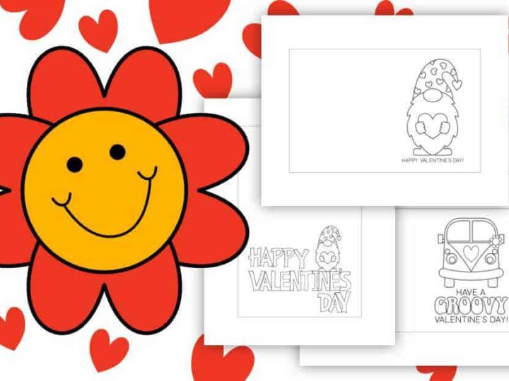 A smiling flower with a yellow face and red petals is surrounded by red hearts. To the right, three Valentines Day coloring pages feature a gnome, a Happy Valentines Day message, and a groovy van with hearts.