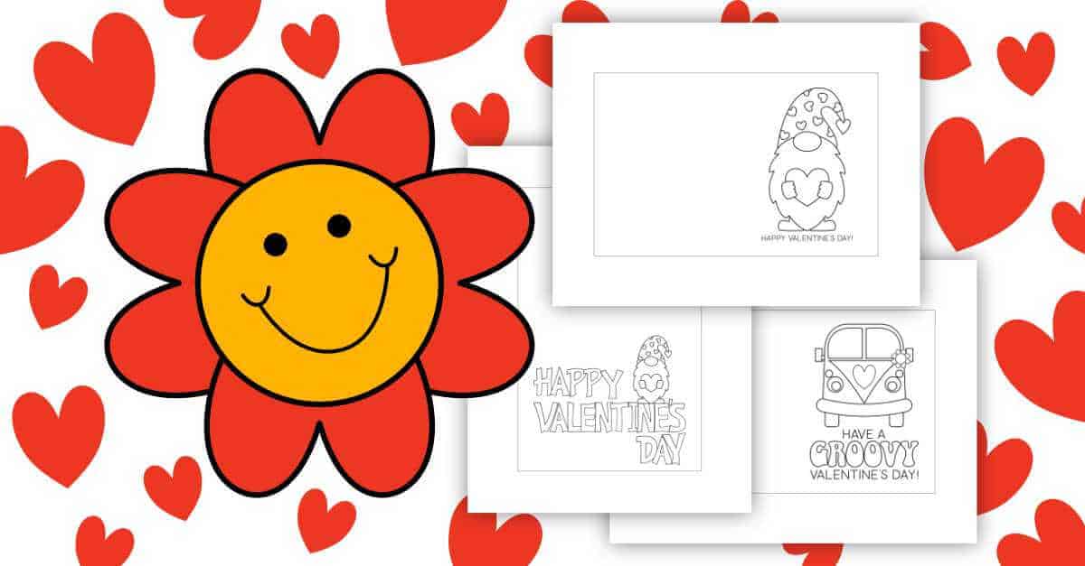 A smiling flower with a yellow face and red petals is surrounded by red hearts. To the right, three Valentines Day coloring pages feature a gnome, a Happy Valentines Day message, and a groovy van with hearts.