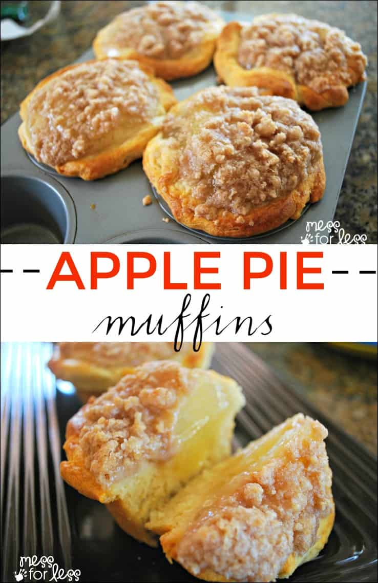 Apple pie muffins in a muffin tin, topped with crumbly streusel. Below, a close-up shows a sliced muffin with a crumb topping and apple filling. The text reads Apple Pie Muffins.