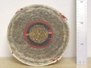 A circular object resembling an old speaker or diaphragm with a textured surface and a red ring around the center, placed next to a ruler for scale. The object has a brownish, worn appearance and rests on a light wooden surface.