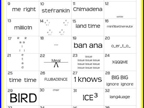 Image of a puzzle with 36 squares. Each square contains a wordplay or visual pun like Arrest Youre, milli0n, BIRD, R nine T, and knee light light. The squares use various text styles and arrangements to convey different meanings.