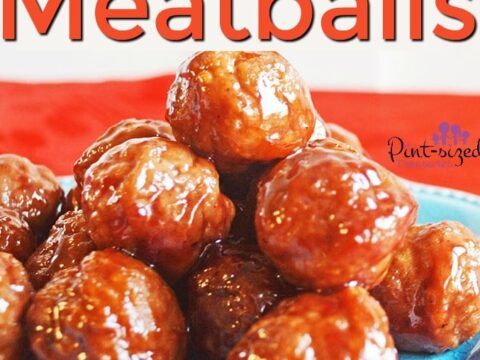A stack of glazed meatballs on a blue plate with a red background. The text above reads Sweet and Spicy CrockPot Meatballs.
