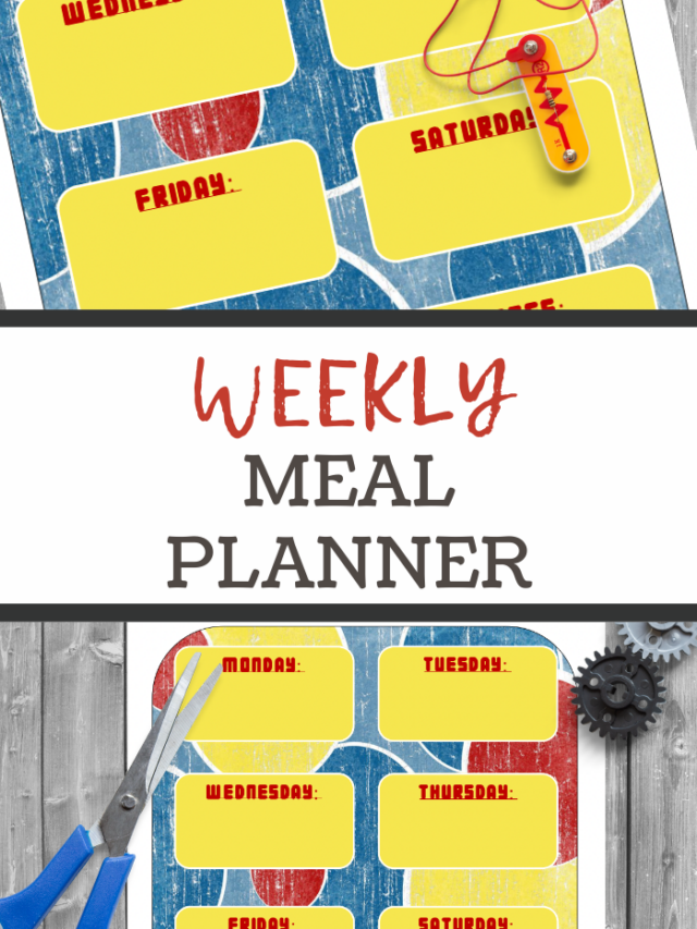 Colorful weekly meal planner with yellow boxes for each day, outlined in blue and red patterns. Days of the week are labeled in red. Scissors and a gear-shaped decor rest on the wooden background. Weekly Meal Planner text in the center. Perfect as a free menu planner printable for your kitchen!.