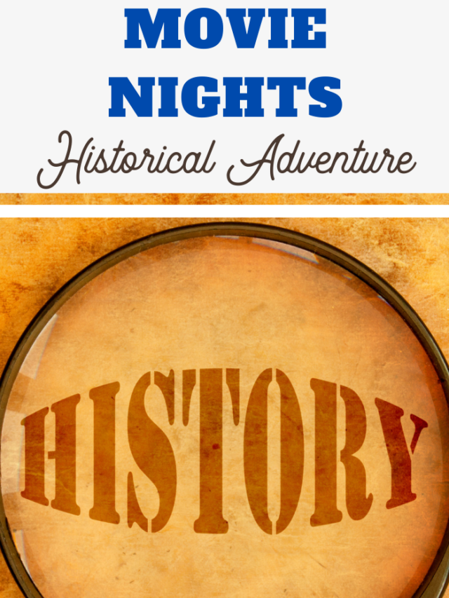 Text-based promotional image for Movie Nights: Historical Adventure, featuring a magnifying glass highlighting the word History on a textured, parchment-like background. Perfectly capturing the intrigue, this movie night promises an unforgettable exploration of historys mysteries.