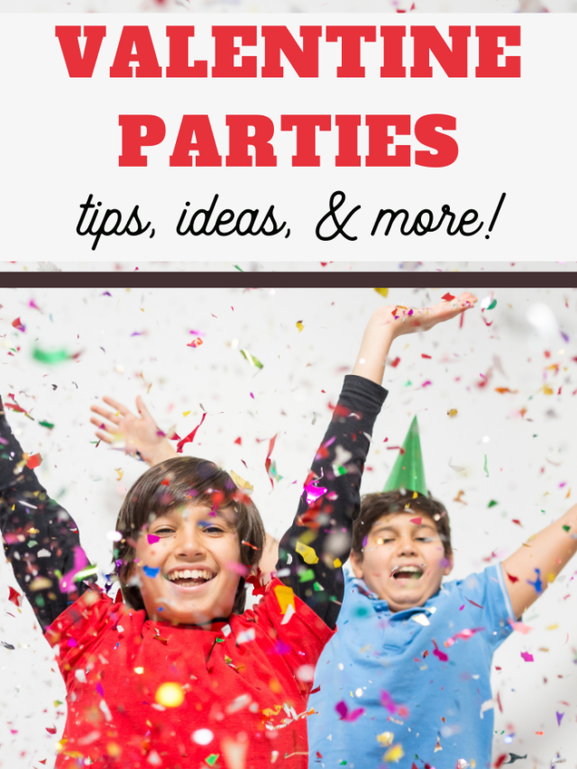 Three children celebrating at a preschool Valentine party with colorful confetti falling around them. One child in a red shirt raises their arms, the second in blue laughs, and the third in a striped shirt looks downward. A banner reads Valentine Parties: tips, ideas, & more!.