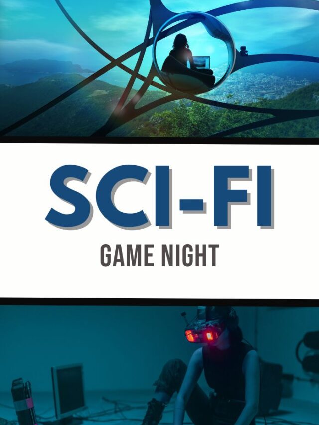 Split image with SCI-FI GAME NIGHT text in the center. Top: A person in a futuristic bubble chair gazes across a vast sci-fi landscape. Bottom: Enthusiast donning virtual reality goggles amidst an electronic chaos, ready for the ultimate game night adventure.