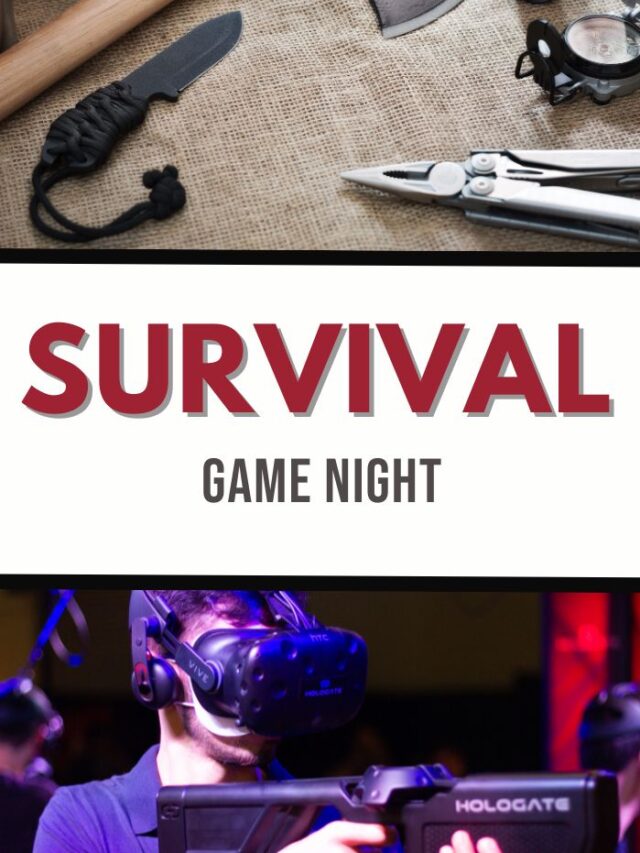 A poster with Ultimate Survival Game Night text. The top section showcases essential survival tools like a knife and multitool on fabric. The bottom section depicts a person wearing a VR headset, gripping a gaming gun, fully immersed in the thrill of virtual gameplay.