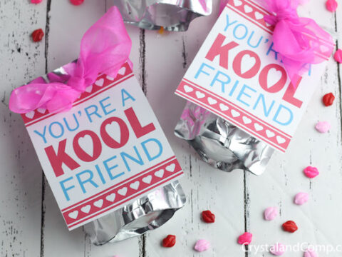 Two gift bags wrapped in foil and tied with pink ribbons. Each bag has a tag that reads Youre a Kool Friend in colorful letters, with a heart pattern beneath. Scattered around are small pink and red heart decorations.