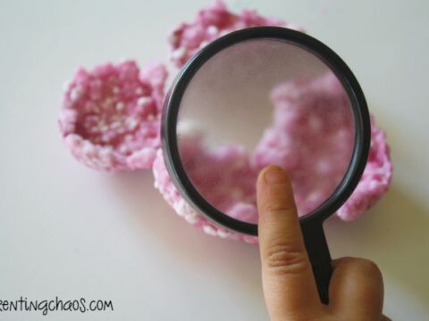 A hand holds a magnifying glass over a textured, pink, lumpy object on a white surface. The object appears to contain small white particles and has an irregular shape.