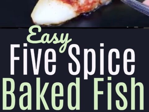Top image shows a fork next to a slice of baked fish with lime slices. Bottom image shows fish fillets on a baking tray with spices sprinkled on top. Text reads: Easy Five Spice Baked Fish.