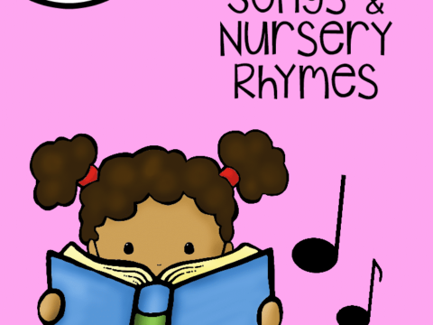 Illustration of a child with pigtails reading a blue book on a pink background. Text reads: FREE printable book, Letter Tt, Songs & Nursery Rhymes. Music notes are beside the child. Website: themeasuredmom.com.