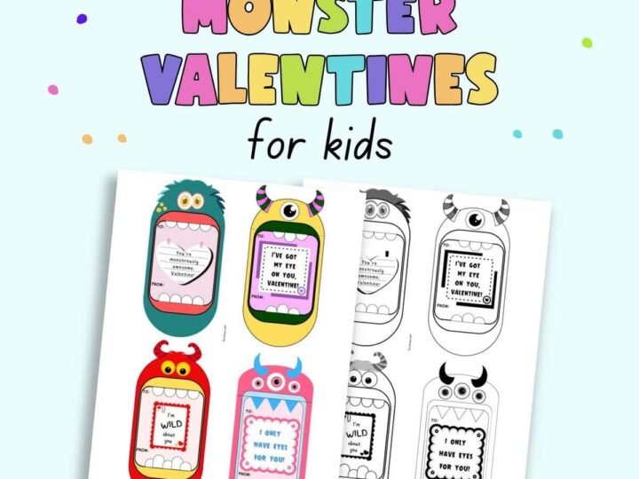 A colorful flyer for free printable monster-themed Valentines cards for kids. It displays cartoon monsters with text like Ive got my eye on you, Valentine! in various playful designs.