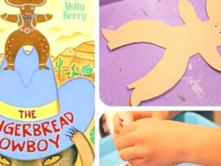 Collage with the cover of The Gingerbread Cowboy featuring a cowboy on a hat, a gingerbread man cutout on purple paper, and a childs hands decorating a gingerbread man.