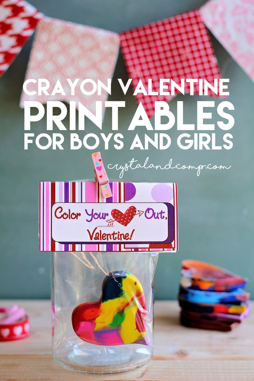 A heart-shaped multicolored crayon is in a clear bag with a label that says Color Your Heart Out, Valentine! The bag is clipped to a card and placed in front of fabric bunting. Text reads Crayon Valentine Printables for Boys and Girls.