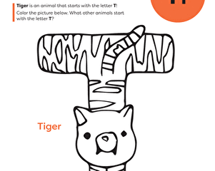 A worksheet titled Color the Animal Alphabet featuring the letter Tt with a tiger illustration incorporated into the shape of the letter T. It instructs to color the image and asks what other animals start with T.