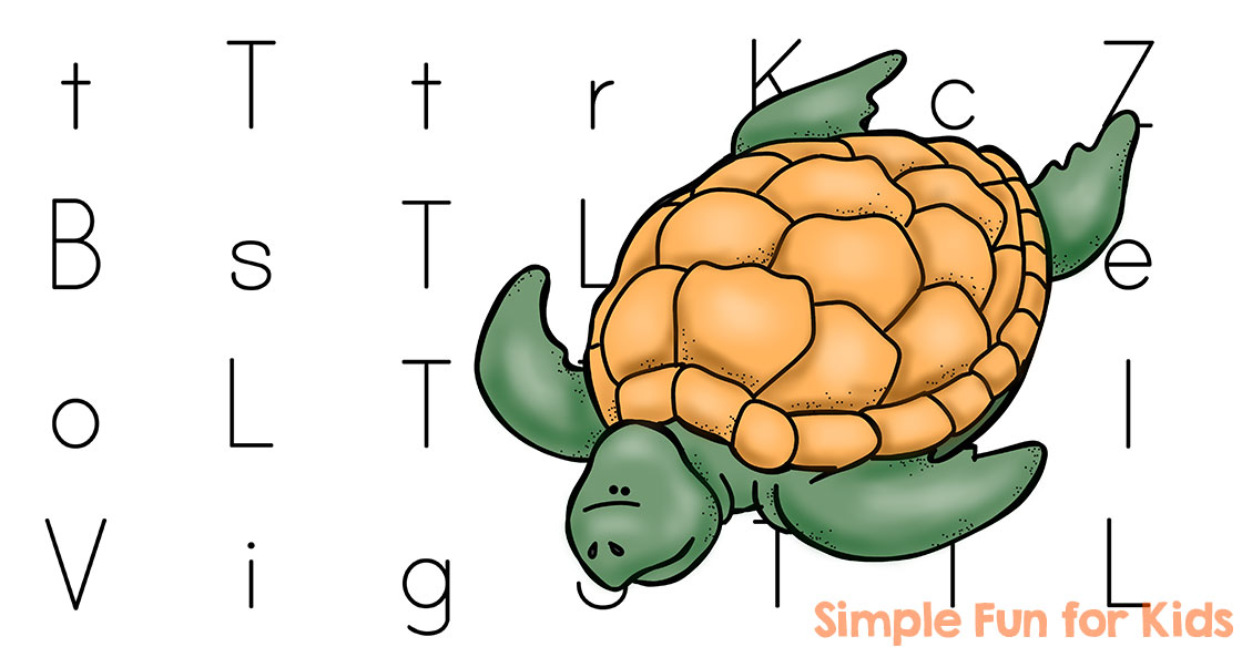 Illustration of a brown and green turtle amidst scattered uppercase and lowercase letters on a white background. Text at the bottom right reads Simple Fun for Kids.