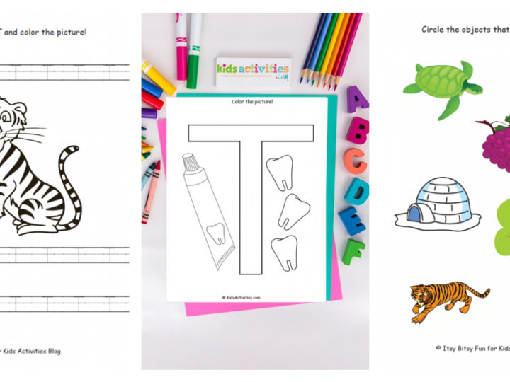 A collage of three kids worksheets. Left: Trace and color letter T with a tiger. Center: Color a large T with a tube and toothbrush. Right: Circle objects starting with T, including turtle, train, and tent. Crayons and magnetic letters nearby.