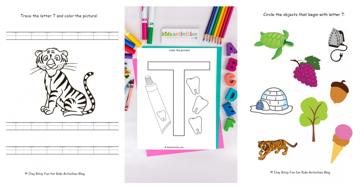 A collage of three kids worksheets. Left: Trace and color letter T with a tiger. Center: Color a large T with a tube and toothbrush. Right: Circle objects starting with T, including turtle, train, and tent. Crayons and magnetic letters nearby.