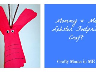 A red lobster craft with googly eyes is on the left. On the right, there is blue text that reads Mommy & Me Lobster Footprint Craft and Crafty Mama in ME.