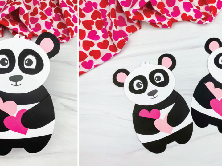 Two paper cut-out pandas holding pink and magenta hearts are displayed. They are on a white surface, next to a heart-patterned pink and red fabric. A persons hand is holding one panda.