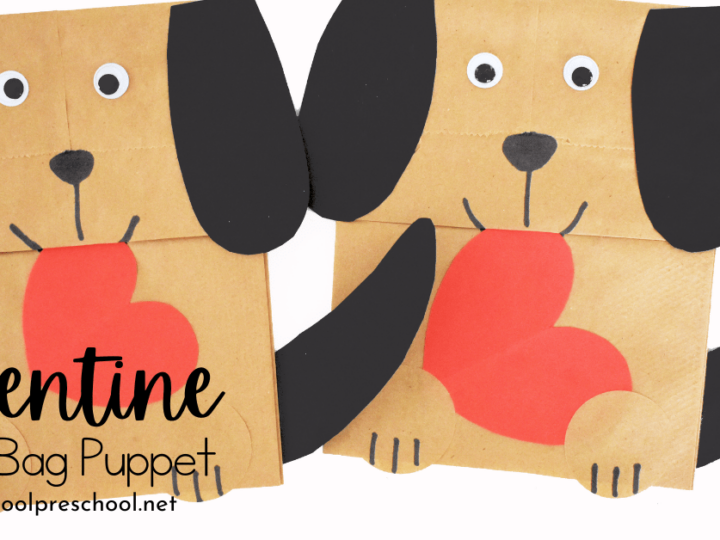 Two paper bag puppets designed to look like dogs with floppy black ears. Each holds a red heart between its paws. The text reads Valentine Paper Bag Puppet and includes a URL at the bottom.