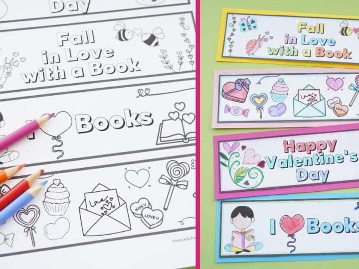 Two images of Valentines Day-themed bookmarks. The left shows black and white bookmarks ready to be colored, with pencils nearby. The right displays colored bookmarks with themes like books, Valentines Day, and graphics of hearts and cupcakes.