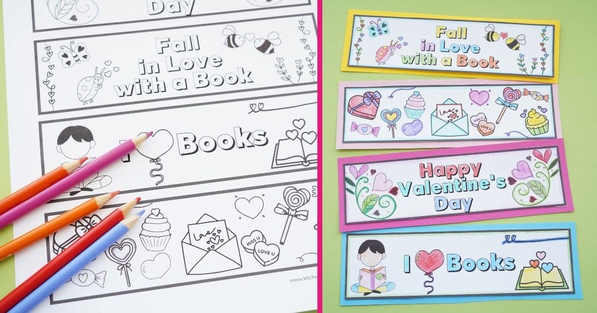 Two images of Valentines Day-themed bookmarks. The left shows black and white bookmarks ready to be colored, with pencils nearby. The right displays colored bookmarks with themes like books, Valentines Day, and graphics of hearts and cupcakes.