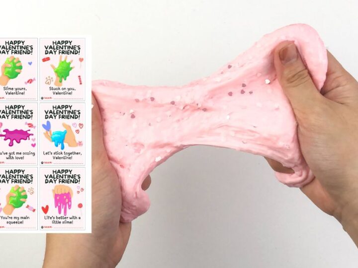 A person stretches pink slime with glitter. To the left are several Valentines Day cards featuring colorful hand-drawn images of slimes and playful messages like You make my heart melt and Lets stick together.