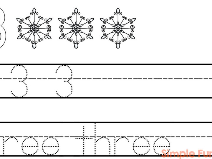 Tracing worksheet with the number 3 and four outlined snowflakes above. Features traceable lines for the number 3 and the word three in both dotted and solid forms. Simple Fun for Kids text is in the bottom right corner.