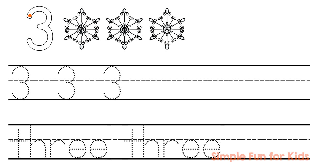 Tracing worksheet with the number 3 and four outlined snowflakes above. Features traceable lines for the number 3 and the word three in both dotted and solid forms. Simple Fun for Kids text is in the bottom right corner.