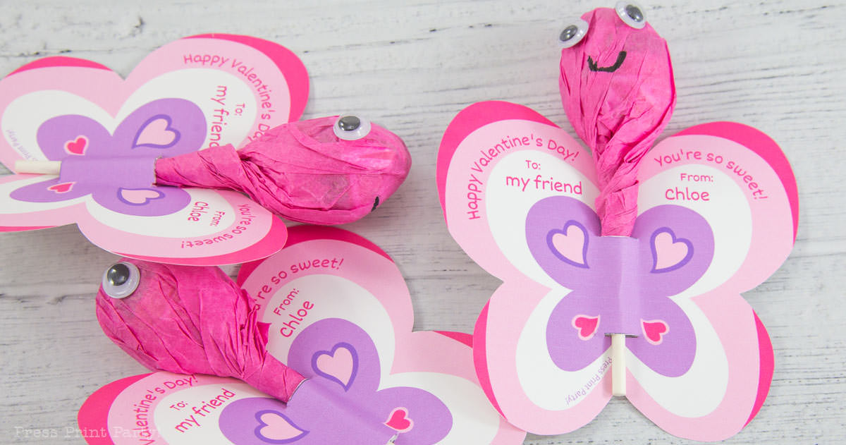 Three butterfly-themed Valentines cards with pink and purple wings. Each has a lollipop as the body and googly eyes on top, creating a whimsical face. Cards read Happy Valentines Day! To: my friend From: Chloe with heart designs.