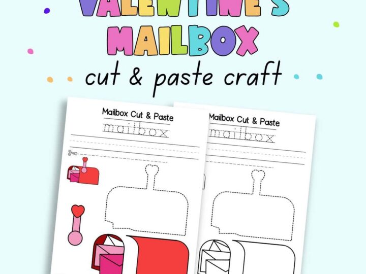 Two sheets for a Valentines mailbox cut and paste craft. Each features a large red mailbox with labels, sectional pieces, and cute decorative items like hearts. The background text highlights it as a free printable activity.