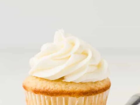 A vanilla cupcake with swirled white frosting sits against a plain background. A metal piping tip is placed beside it.