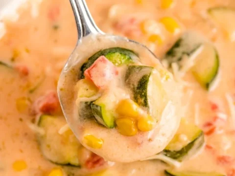 A spoonful of creamy vegetable soup, a must-try recipe featuring zucchini, corn, and diced tomatoes. The thick, beige broth is enriched with small shreds of cheese. In the background, more of this delectable soup awaits in a bowl.