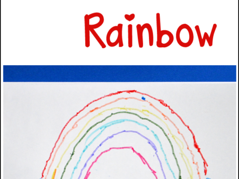 A craft page titled Hand Print Art featuring R is for Rainbow. Below, a rainbow painted with handprints in blue serves as the base, with colorful arches above.