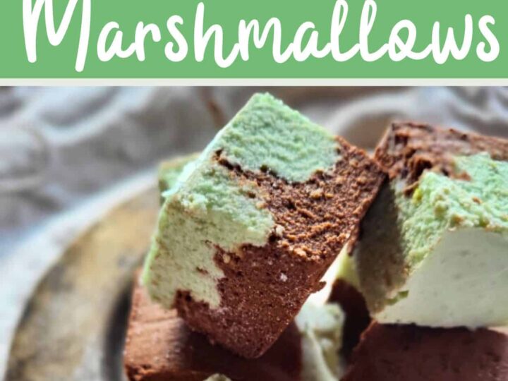Close-up of a plate with stacked homemade peppermint marshmallows, featuring swirled green and brown colors. The text above reads Homemade Peppermint Marshmallows, and the source is Homesteadlady.com.