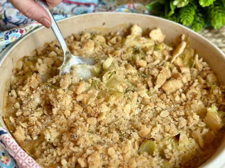 A hand holding a spoon scooping from a baked dish filled with a creamy casserole topped with a crispy breadcrumb crust. The dish is placed on a colorful tablecloth, with greenery in the background.