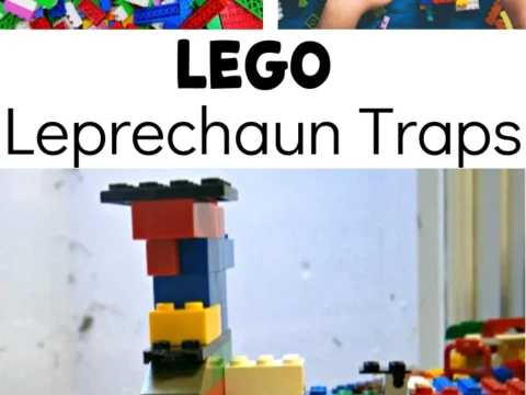 A collage showcases playful St. Patricks Day spirit with LEGO leprechaun traps: Top left features a pile of colorful bricks, top right displays hands arranging LEGO around paper, and the bottom reveals a completed trap. Text reads LEGO Leprechaun Trap Ideas.