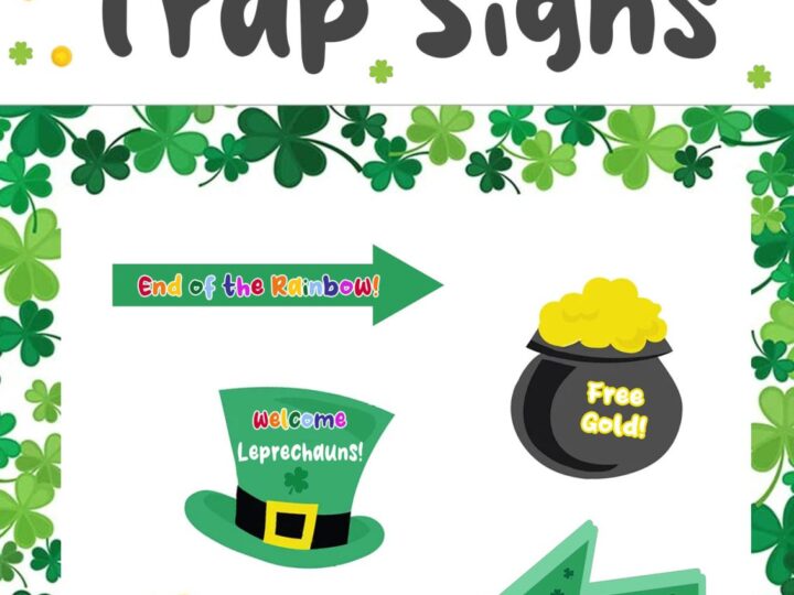 A printable sheet with DIY Leprechaun Trap Signs. Green and shamrock-themed arrows and pots of gold with captions: End of the Rainbow, Welcome Leprechauns, Free Gold, Pot of Gold, Follow the Rainbows, Gold this way!.