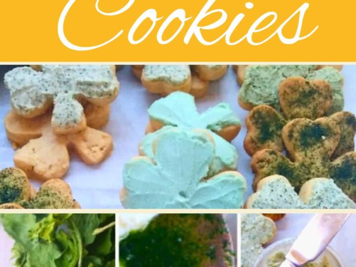 Collage of naturally dyed St. Patricks Day cookies. Top image shows clover-shaped cookies with green frosting. Bottom row displays greens, a spoon with green liquid, and a bowl with green mixture. Banner reads Naturally dyed St. Patricks Day Cookies.