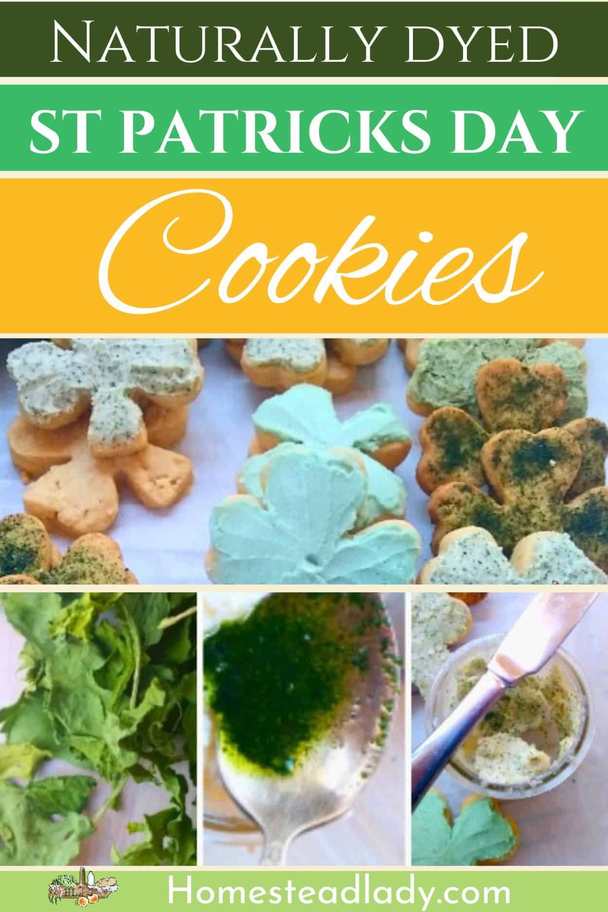 Collage of naturally dyed St. Patricks Day cookies. Top image shows clover-shaped cookies with green frosting. Bottom row displays greens, a spoon with green liquid, and a bowl with green mixture. Banner reads Naturally dyed St. Patricks Day Cookies.