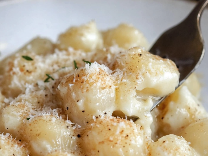 A fork lifting a few pieces of gnocchi from a plate. The gnocchi are coated in a creamy sauce and sprinkled with grated cheese and herbs. The plate sits on a table with a gray fabric in the background.