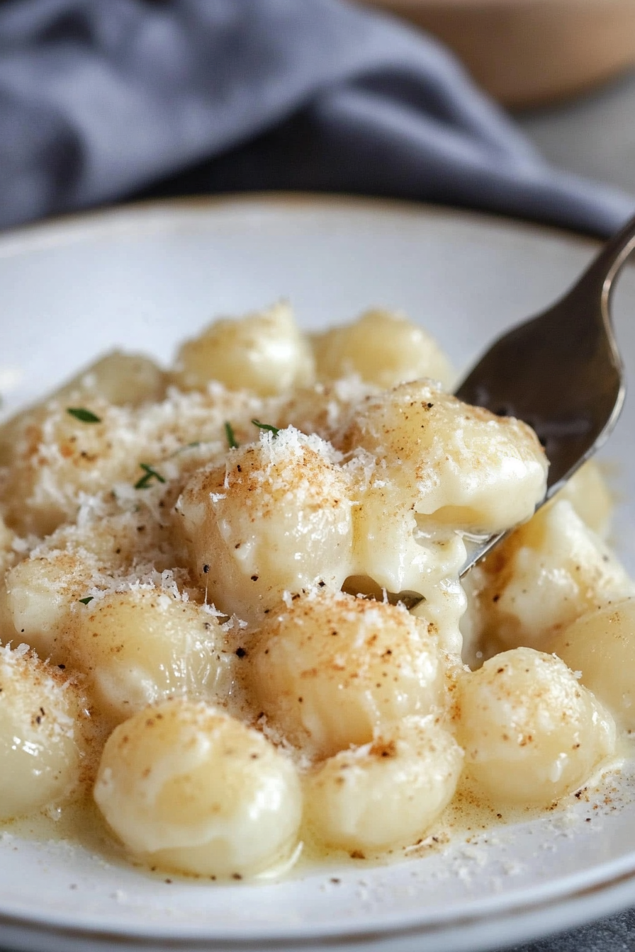 A fork lifting a few pieces of gnocchi from a plate. The gnocchi are coated in a creamy sauce and sprinkled with grated cheese and herbs. The plate sits on a table with a gray fabric in the background.