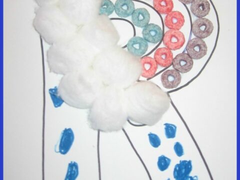 The image shows the letter R outlined on paper, decorated with colorful cereal pieces to form a rainbow and cotton balls representing clouds. Blue dots below suggest raindrops. Text at the top reads R is for Rainbow, and at the bottom, A Letter of the Week Preschool Craft.