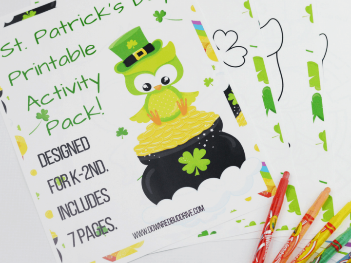 A St. Patricks Day Printable Activity Pack cover featuring a green owl in a leprechaun hat sitting on a pot of gold. The text reads Designed for K-2nd. Includes 7 pages. Colored pencils are nearby.